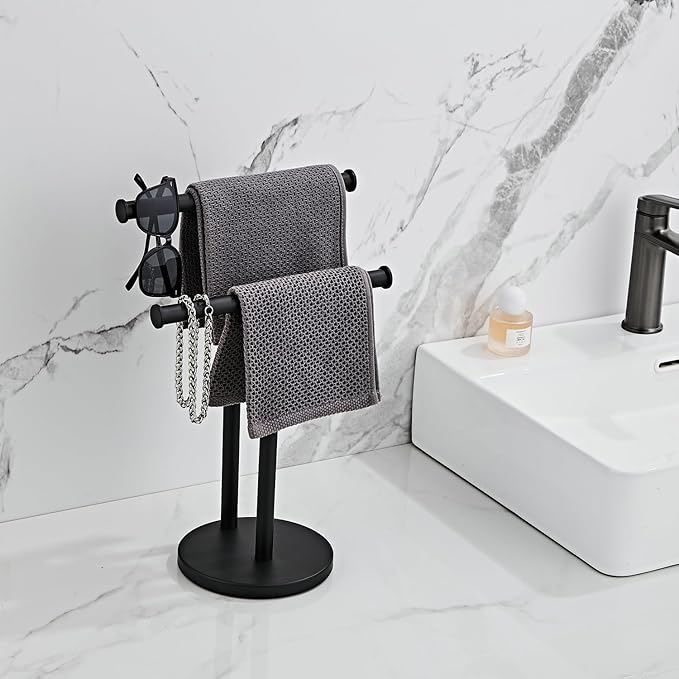 Black Hand Towel Holder Stand, Double T-Shape Hand Towel Stand Towel Rack Towel Bar for Bathroom Countertop, SUS304 Stainless Steel SHUNLI