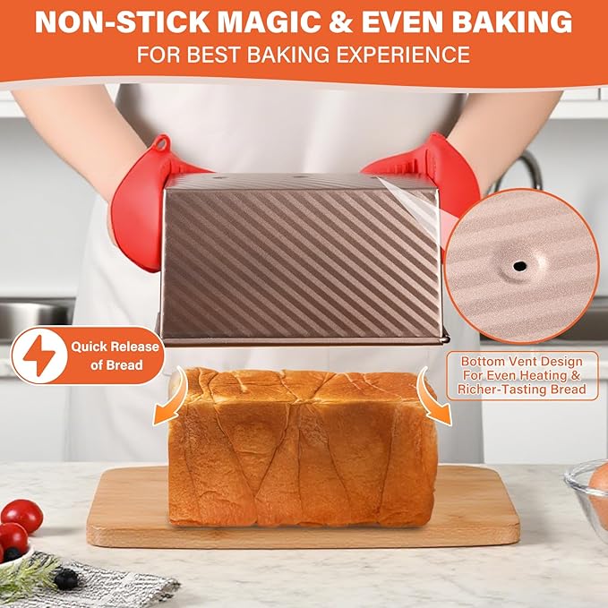 2 Pack Pullman Loaf Pan with Lid, 1 lb/0.5 lb Dough Capacity for Homemade Bread, Non-stick Corrugated Carbon Steel Bread Toast Box with Cover for Bakeware, Sandwich & Toast Oven Baking, Gold