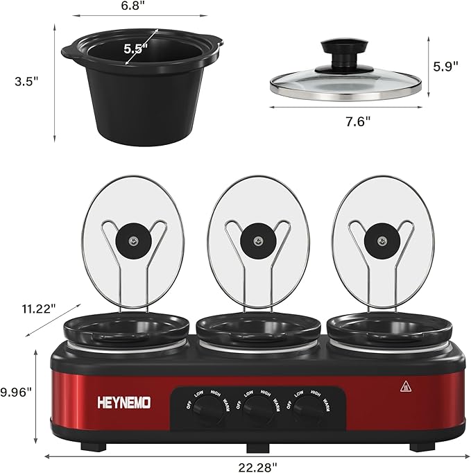 Triple Slow Cooker, 3 x 1.5 QT Portable Small Dual Crock Cooker, Buffet Servers and Warmers Dishwasher Safe, Removable Ceramic Pot Glass Lid, Stainless Steel, Red