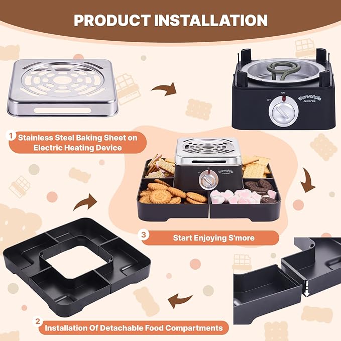 Electric Smores Maker - Indoor Smores Kit with 4 Detachable Trays, 4 Stainless Steel Forks - Flameless Smores Maker Tabletop Indoor Kit (Black)