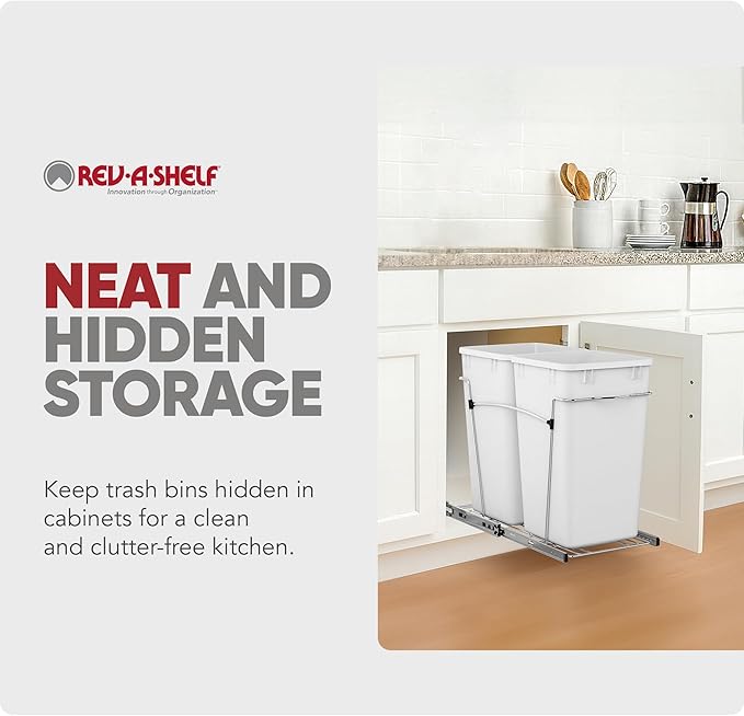 Rev-A-Shelf Pullout Trash Can for Under Kitchen Cabinets 27 Qt Garbage Waste Recycling Bin with Full Extension Slides, White, RV-15KD-11C S