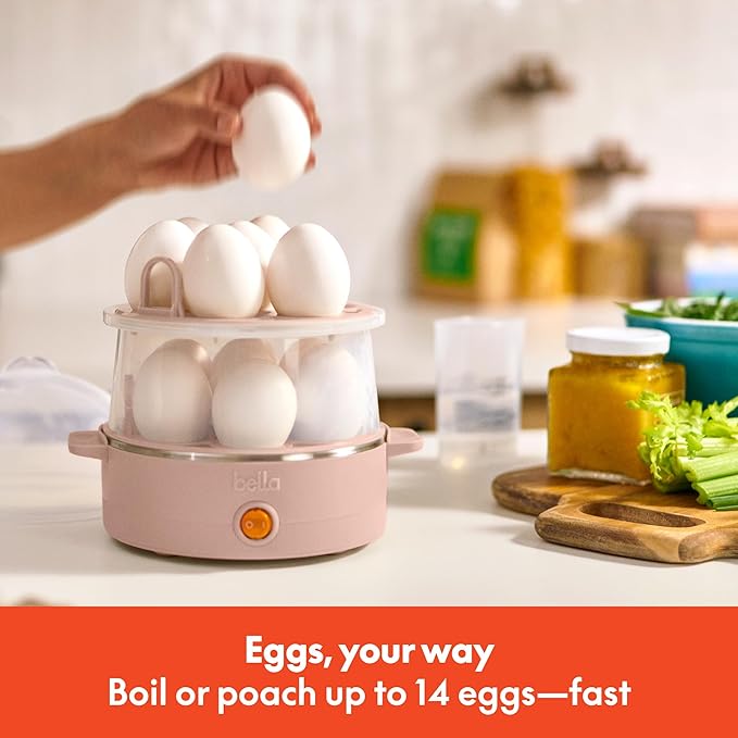 bella Electric Egg Cooker, 14 Eggs Capacity Tray, Double Stack, for Poached, Scrambled, Hard, Medium & Soft Boiled Eggs, Omelets and Steamed Dumplings, Auto Shutoff, 360 Watt, Blossom