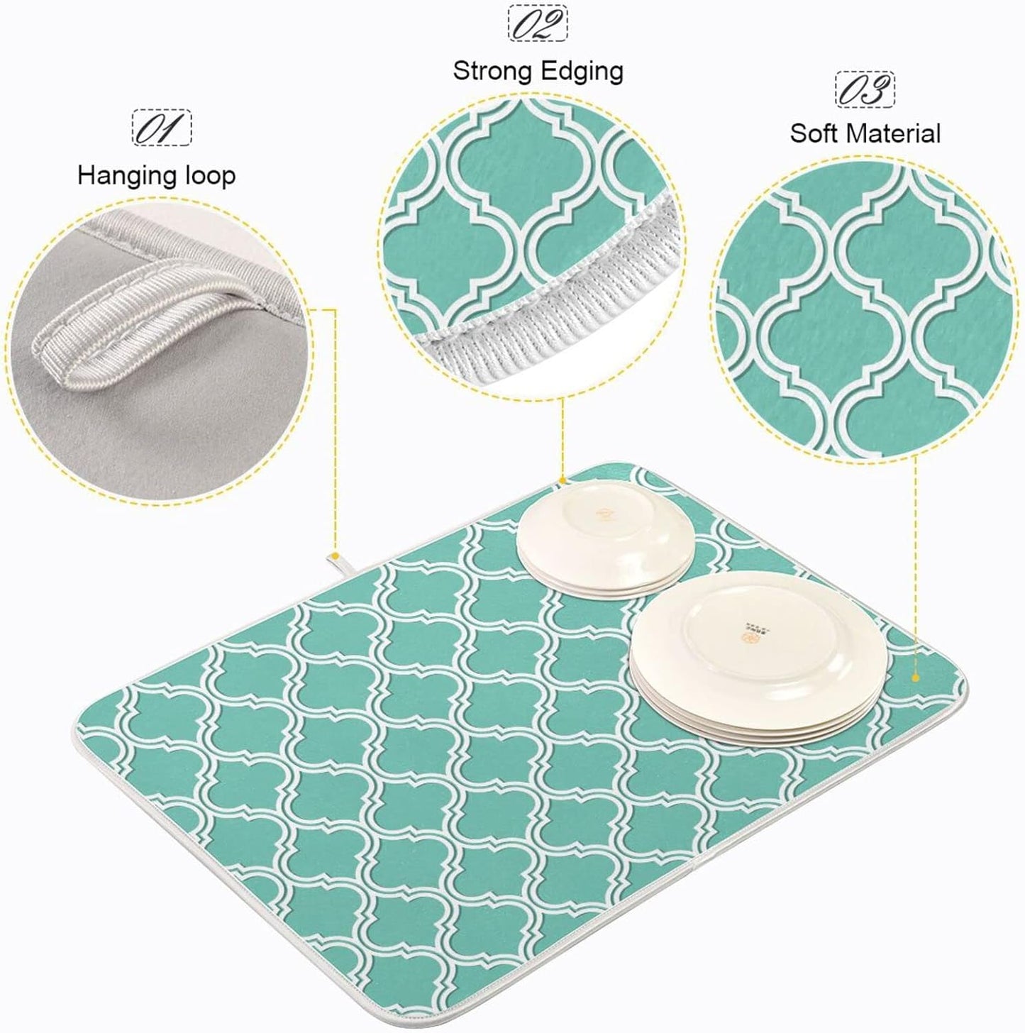 Super Absorbent Dish Drying Mat, Microfiber Fast-Drying Dish Mat, 24" x 18", Kitchen Dish Drying Pad, Seamless Moroccan Pattern