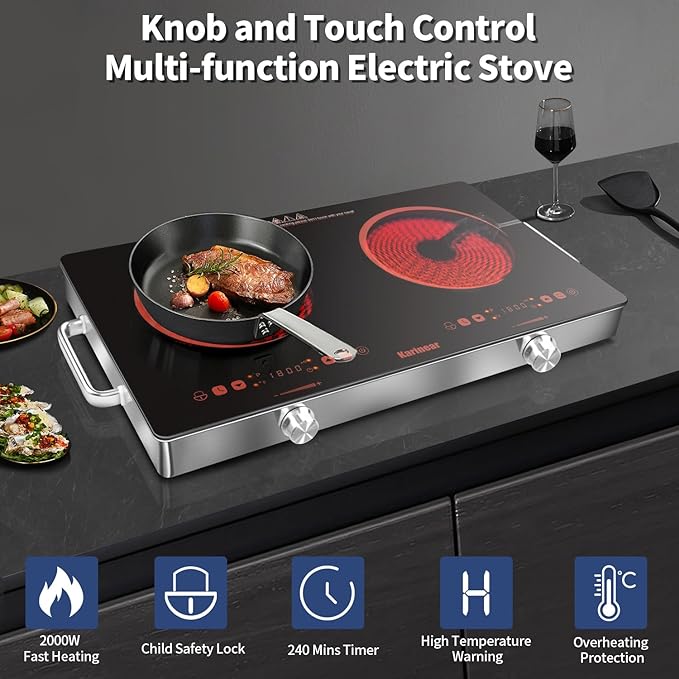 Karinear 2 Burner Electric Cooktop 110V, Portable Electric Stove with Handle, Knob Control Electri Hot Plate, Ceramic Countertop Burner, Timer, Safety Lock, 9 Power Level, 2000W, 24 inch(Gold)