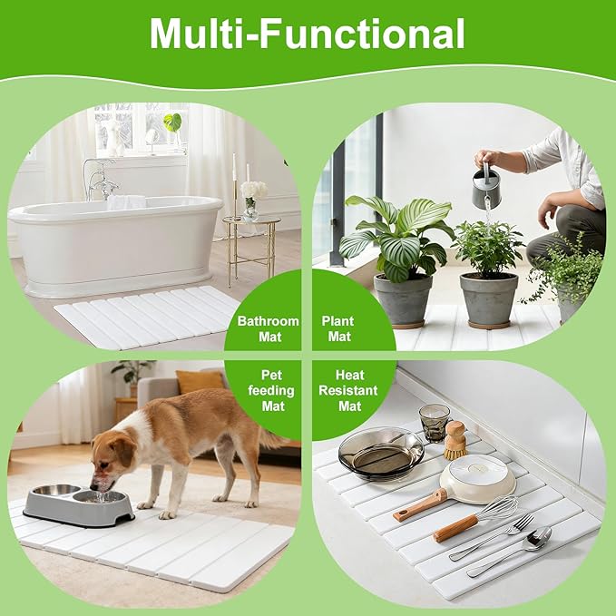 Stone Dish Drying Mat for Kitchen Counter, Diatomaceous Earth Water Absorbing Mat, Foldable and Super Absorbent Dish Drying Stone Mat for Dishes Bottles Cups, Match Any Countertop -White