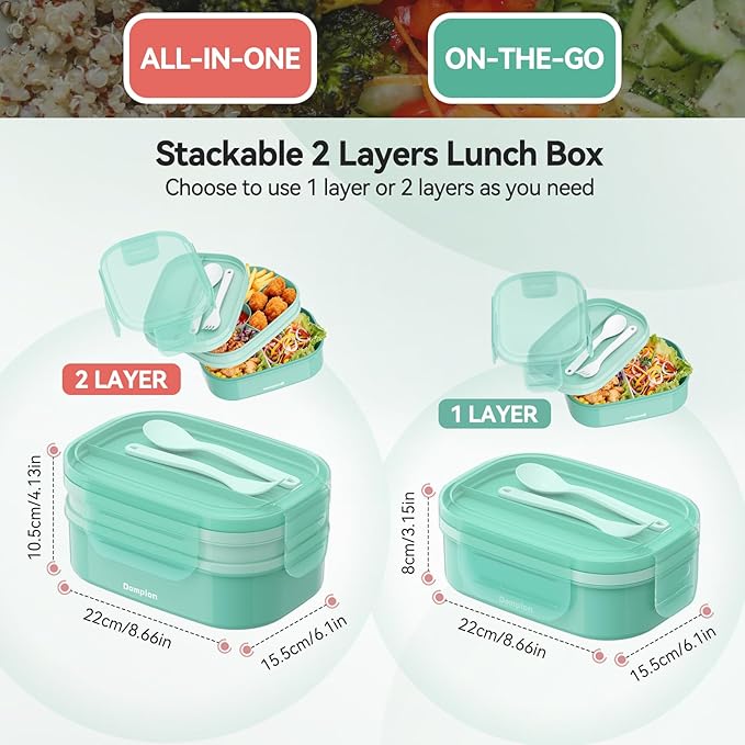 2 Layers Bento Box, All-in-One Stackable Lunch Container with Compartments, 64oz Leakproof Microwave Safe Dishwasher Safe Bento Box with Lunch Bag and Utensil Set for Kids and Adults