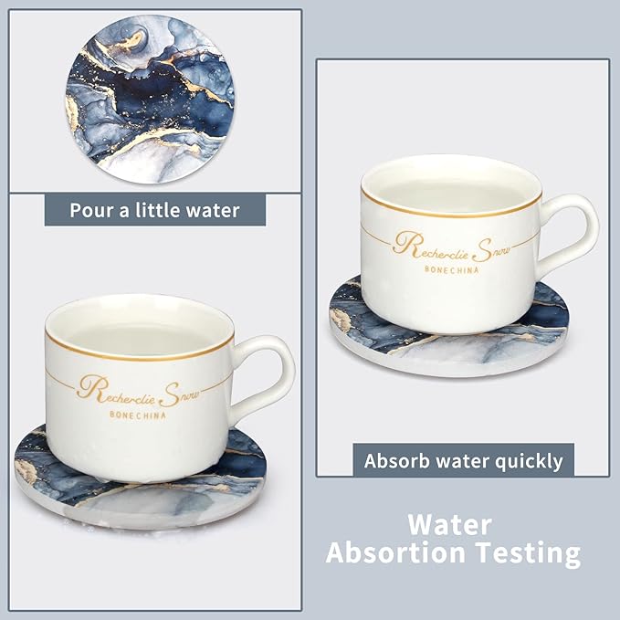 Coasters Set of 6, Navy Blue Marble Abstract Round Ceramic Coasters with Holder, Best Absorbent Drink Coaster Set, Coffee Table Decor for Home Decor House Warming Gifts New Home