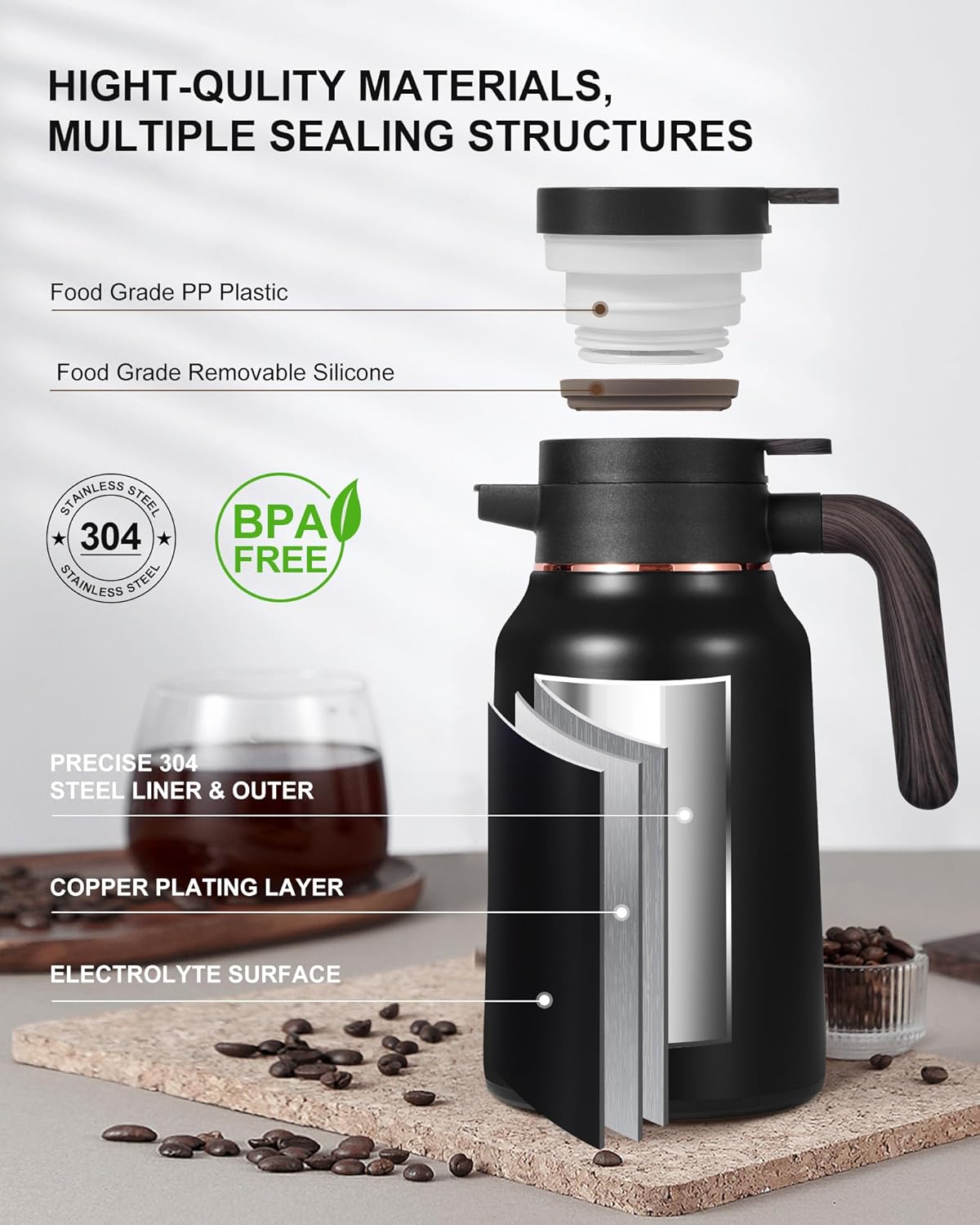 Carafes for Hot Liquids 51 oz - 12 Hour Stainless Steel Thermal Coffee Carafe-Insulated Coffee Carafes For Keeping Hot/Cold Coffee, Tea, Water, 1.5 Liter Beverage Dispenser(Black/Gold)