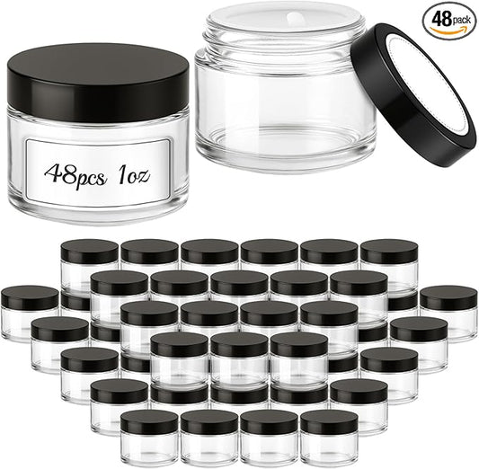 1 oz Small Glass Jars, Bumobum 48 pack Empty Round Clear Jars with Black Lids, White Labels & Inner Liners, Mini Cosmetic Containers for Cream, Lotion