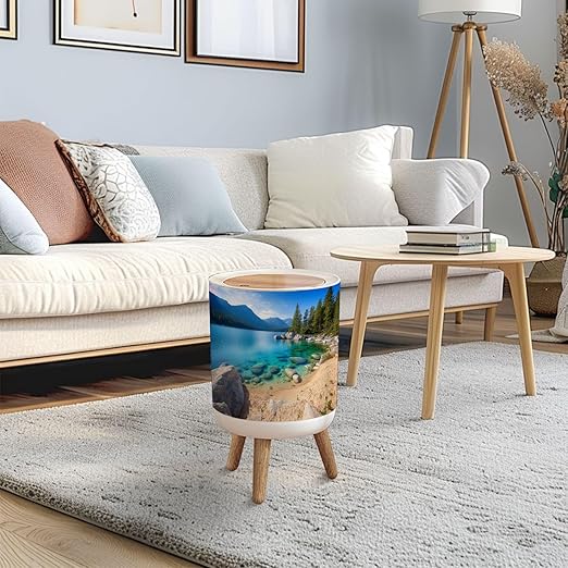 Trash Can with Lid Lake Tahoe Press Top Round Small Garbage Bin with Wooden Legs Waste Basket for Kitchen Bedroom Nursery 7L/1.8 Gallon