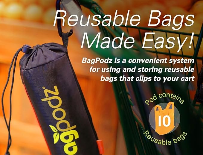 Sturdy Reusable Grocery Bags Foldable and Washable - Made From RipStop Nylon Hold 50lbs - Designed in USA Reusable Shopping Bags Inside a Compact Pod with Carry Clip - 10 Pack in Orange
