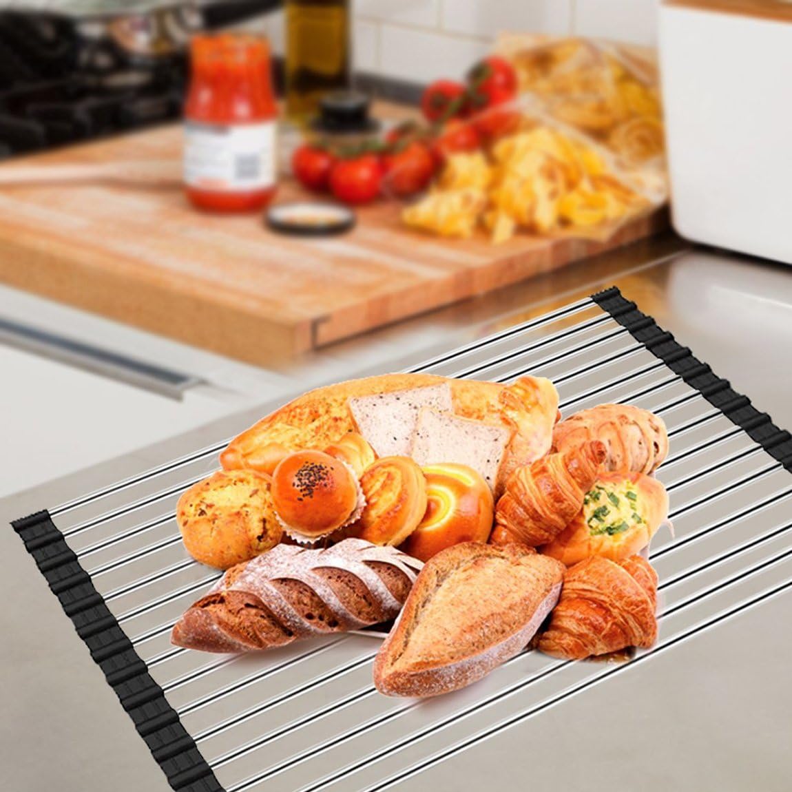Ahyuan Roll up Dish Drying Rack Over The Sink Kitchen Roll up Sink Drying Rack Stainless Still Portable Drainer Foldable Dish Rack (Black, 17.8''X11.8'')