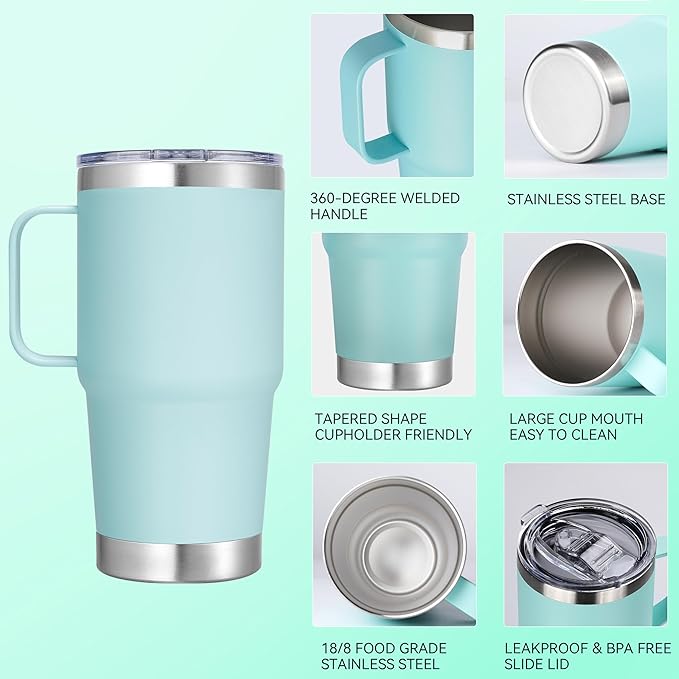 20 oz Stainless Steel Tumbler with Handle Metal Insulated Coffee Travel Mug with Handle Double Wall Tumbler Cup with Lid and Straw, Mint Green 1 Pack