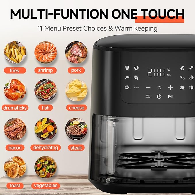 QIDO Air Fryer 8-in-1 with 5.5 QT Capacity,180°-450°F Precision Heating, Air Fry, Roast, Broil, Reheats, Dehydrates, Less Oil, Features Shake Reminder, Large Touch Display with Auto Menus, Black
