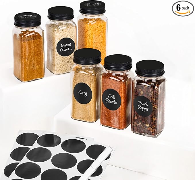 6Pcs Spice Jars with Label, 4oz Empty Square Seasoning Containers, Spice Jars with Shaker Lids, Small Spice Bottles for Salt, Herbs, Sugar, Pepper, Seasoning Jars for Spice Rack, Cabinet, or Drawer