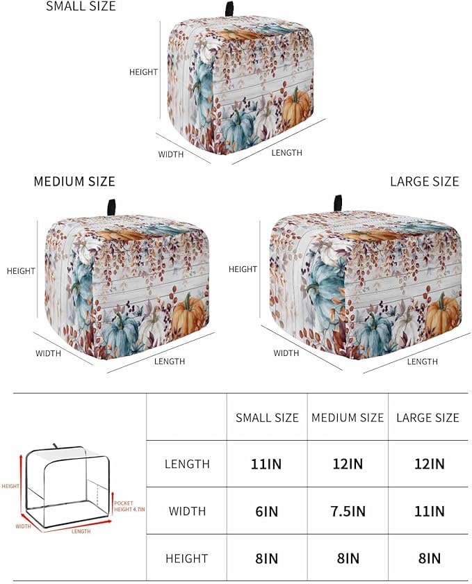 Orange Blue Pumpkins Fall Toaster Cover 2 Slice, Thanksgiving Eucalyptus Dustproof Bakeware Oven Protector with Top Hook, Gray Wooden Waterproof Small Kitchen Appliance Toasters Dust Cover, 11"x6"x8"