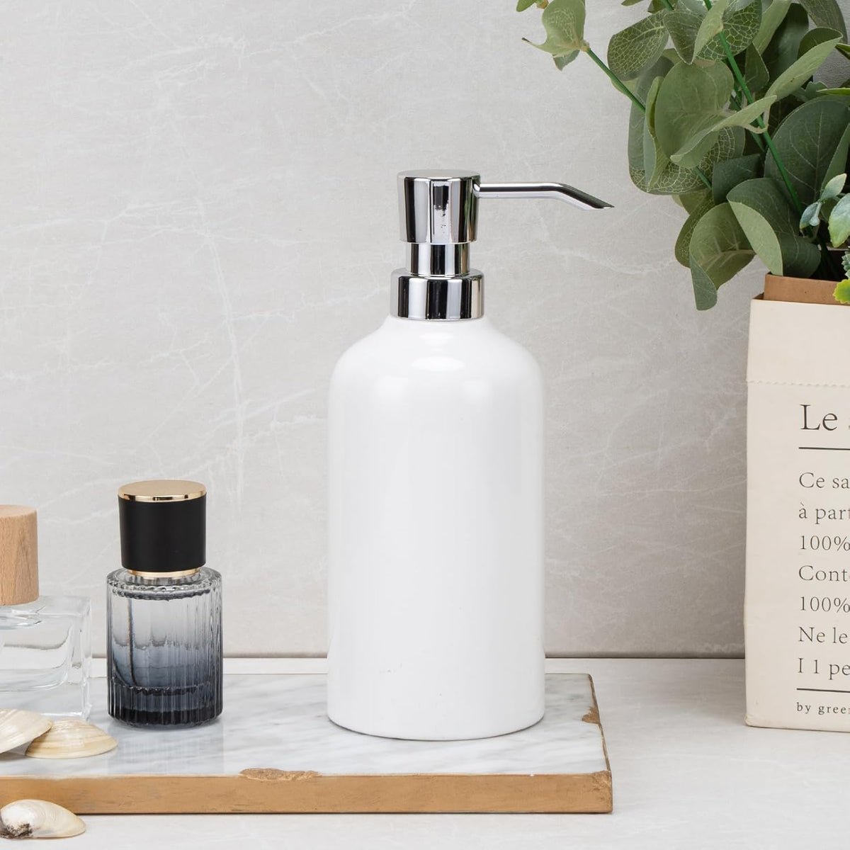 Ceramic White Soap Dispenser with Rust-Proof Plastic Pump Bathroom, 16.9oz Hand Soap Dispenser for Kitchen, Hotel