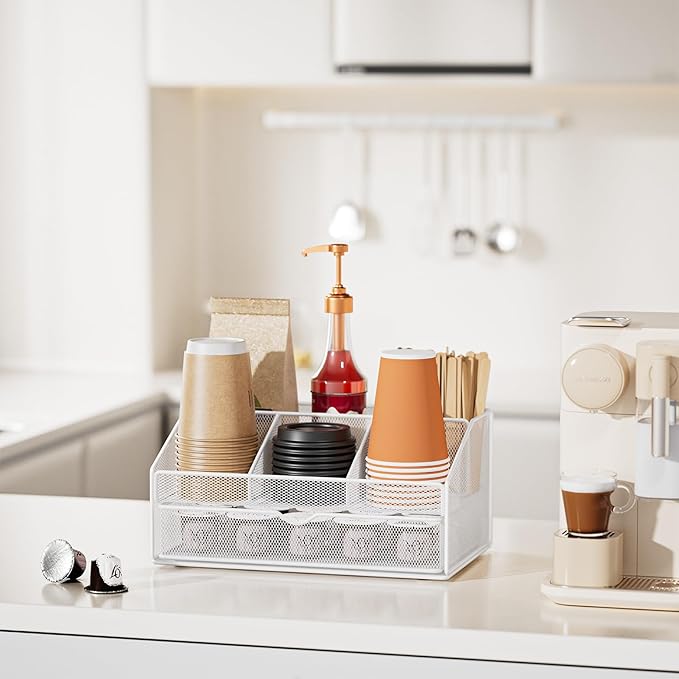 VITVITI Coffee Station Organizer for Countertop, Metal Coffee Bar Organizer Basket with Drawer, 6 Compartments Bar Station Holder for Pods Tea Bag, White