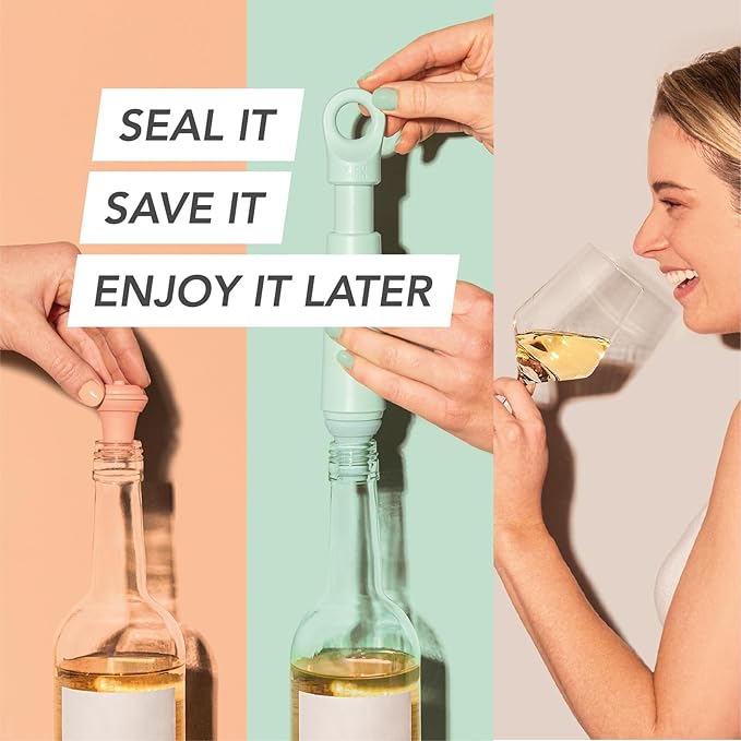 Vacu Vin Wine Saver Loop - Designed and Made in the Netherlands - Vacuum Wine Stopper Keeps Your Wine Fresh for up to 10 Days - Reusable, Made with 98% Recycled Material - 1 Pump, 5 Stoppers, Jade