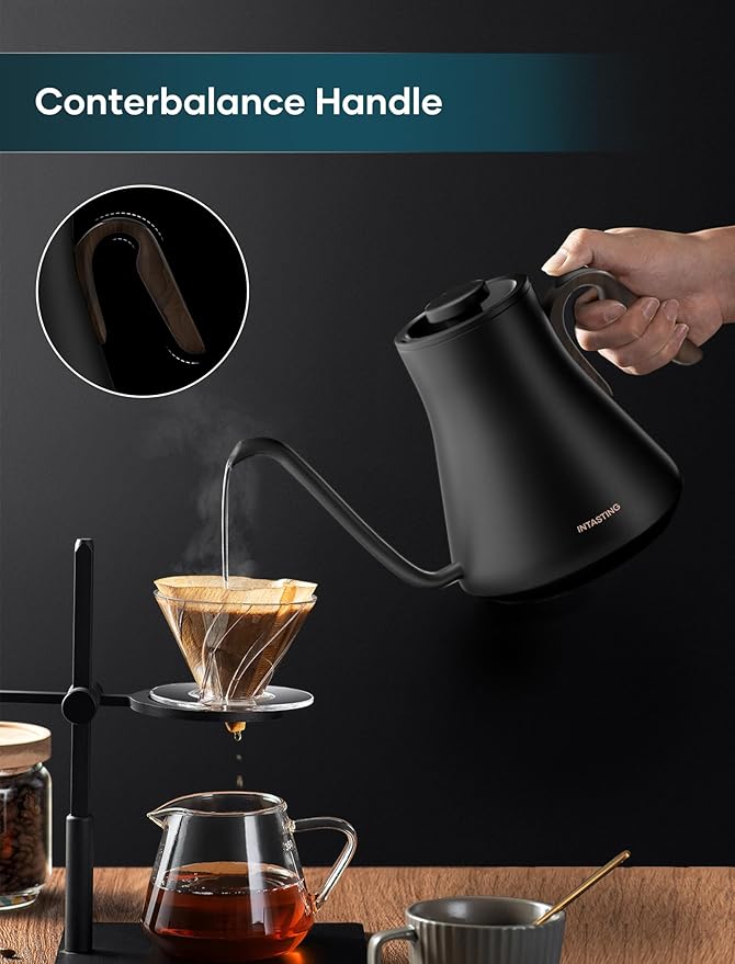 INTASTING Electric Kettle, Gooseneck Electric Kettle, ±1℉ Precise Temperature Control, Stainless Steel Interior, Quick Heating for Pour Over Coffee, Tea & Boiling Water, 0.9L (Onyx Black)
