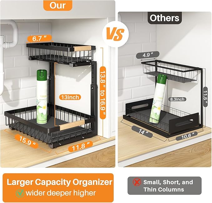 PXRACK Large Under Sink Organizer, Adjustable Height, 2-Tier Slide Out,Thickened Metal Shelf Under Sink Storage for Kitchen, Bathroom, Cabinet,Pantry,Black,1 PACK,Small Space-saving
