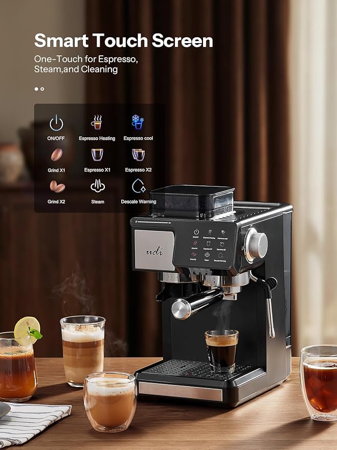 UDI 20Bar Espresso Machine with 20 Grind Settings - Touchscreen Control, Auto Grind (Single/Double Cup), Steam & Self-Cleaning, Quick Brew Café-Quality Coffee Maker for Home