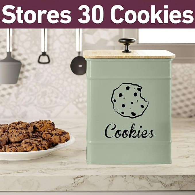 Cookie Jar with Airtight Lid - 1 Gallon - 6"D x 8"H Green Iron Cookie Tin with Bamboo Lid - Large Cookie Jars with Lids Airtight - Farmhouse Cookie Jars for Kitchen Counter Decorative - Cookies Jar