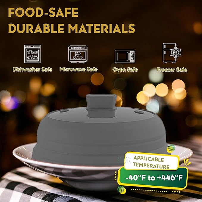Collapsible Microwave Splatter Cover, Glass Silicone Foldable Microwave Lid for Food, 10.8 Inch Grease Splatter Guard for Pots, Pans & Bowls, Grey