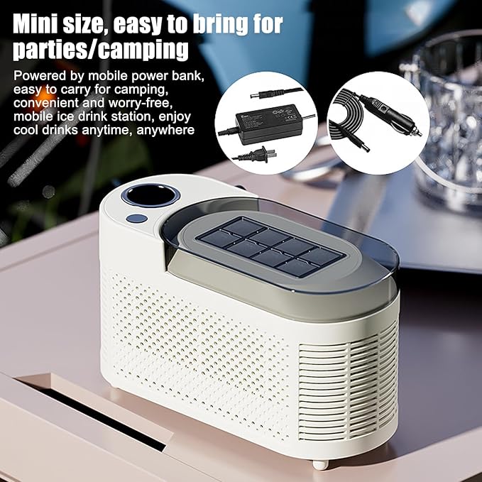Mini Ice Maker Machine Counter Top for Home Office, Portable Clear Ice Cube Maker, 8 Cubes in 10 Mins, Low Noise, Easy Cleaning (White Car Power Cable)