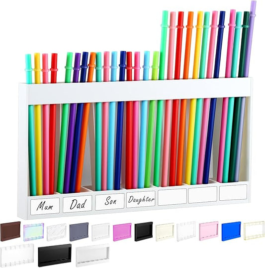 Qinyoung Acrylic Straw Holder for Cabinet Door with Double Sided Adhesive Tape Reusable Straw Organizer Tumbler Storage Kitchen Accessories Container for Counter Cupboard(Classic,Extra Large,White)