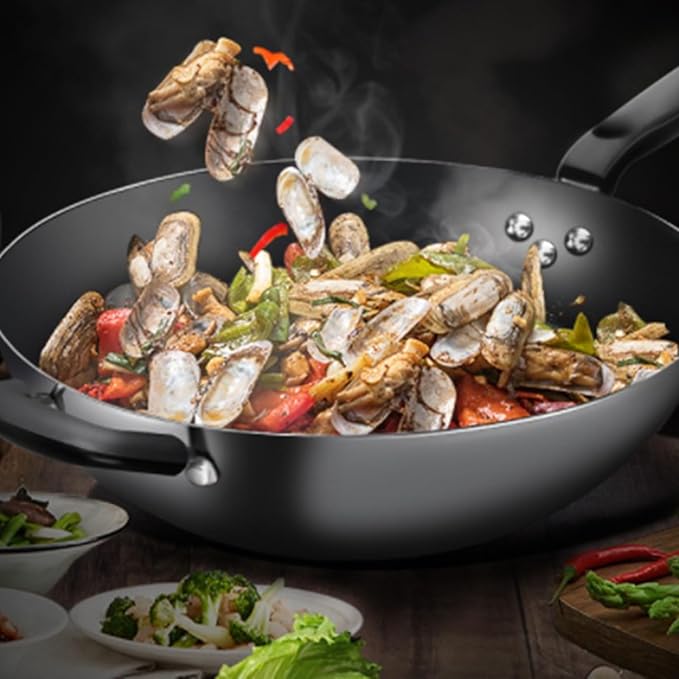 Carbon Steel Wok, Woks and Stir Fry Pans with Handle and Lid, Flat Bottom Chinese Stir Fry Wok, for Electric,Induction and Gas Stoves,Iron