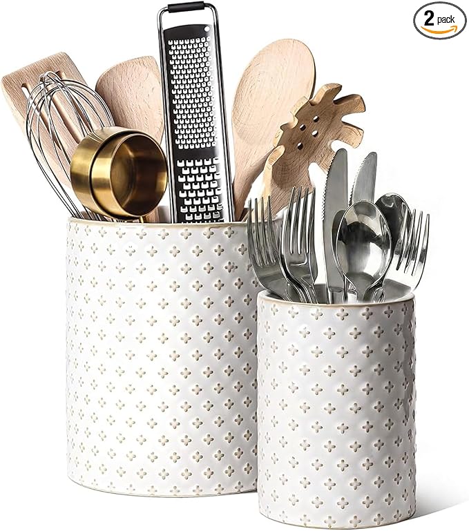 LE TAUCI Utensil Holder for Kitchen Counter - 7.1"+5.4" Ceramic Kitchen Utensil Holder Set of 2, Large Cooking Utensil Crock & Organizer for Spatula, Spoon - Embossed Kitchen Decor, White,Clover