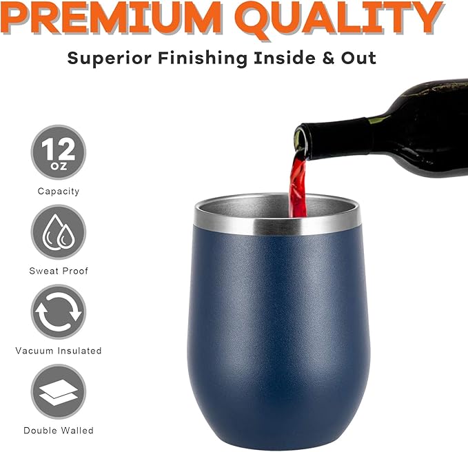 COMOOO 12 Pack Stainless Steel Wine Tumblers with Lid and Straw 12oz Double Wall Vacuum Insulated Wine Tumbler Cup Stemless for Hot and Cold Drinks, Coffee, Wine, Cocktails, Navy