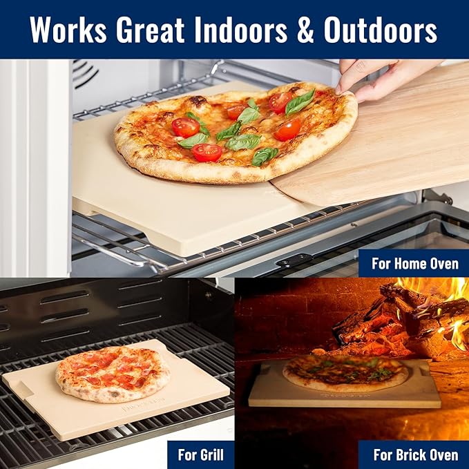 Pizza Stone, 12"x12" Square Pizza Stone for Oven Grill BBQ, Cordierite Baking Stone for Bread & Pie, Unique Built-in 4 Handles Cooking Stone