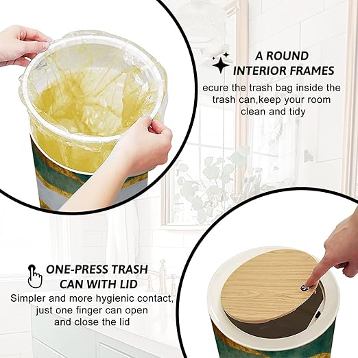 Trash Can with Lid 3d abstract marble green gray marble golden shapes for home living Press Top Round Small Garbage Bin with Wooden Legs Waste Basket for Kitchen Bedroom Nursery 7L/1.8 Gallon