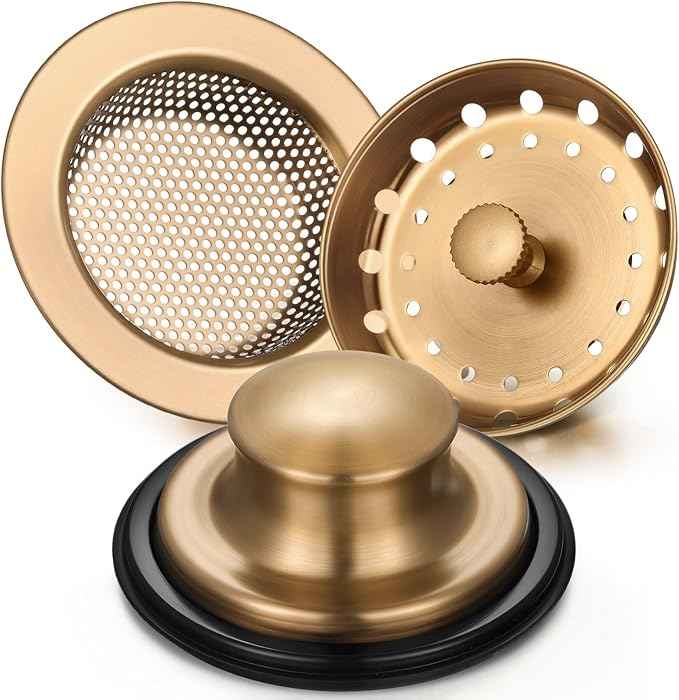Mudder 3 Pcs Kitchen Sink Drain Strainer and Stopper Stainless Steel Garbage Disposal Plug with Handle Universal Anti-Clogging Kitchen Sink Filter Sieve Basket Strainer (Champagne Bronze)