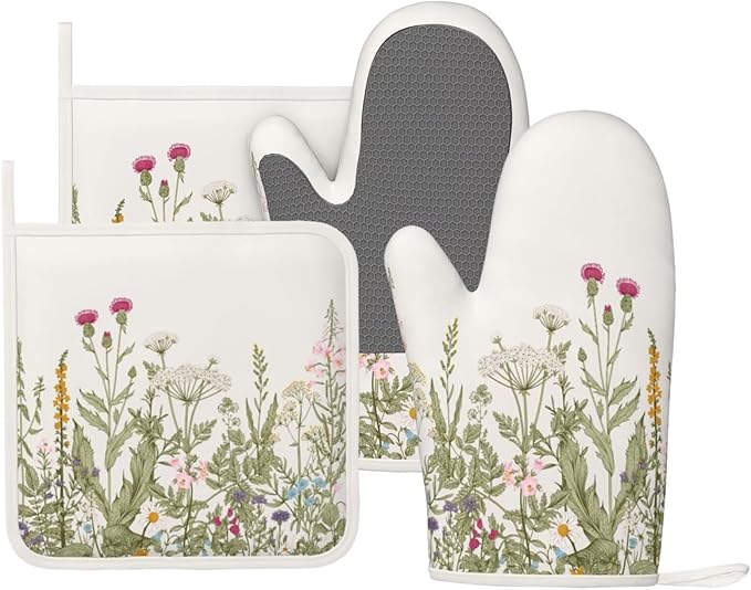 Wildflower Botanical Oven Mitts and Pot Holders Set Silicone Heat Resistant Floral Plant Herbs Sage Green Leaves Kitchen Gloves Set Kitchen Mittens Pot Holders for Cooking Baking Grilling