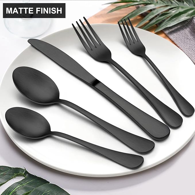 LIANYU 40 Piece Matte Black Silverware Set, Stainless Steel Black Flatware Cutlery Set for 8, Fancy Kitchen Utensil Tableware for Home Restaurant Party, Satin Finish, Dishwasher Safe