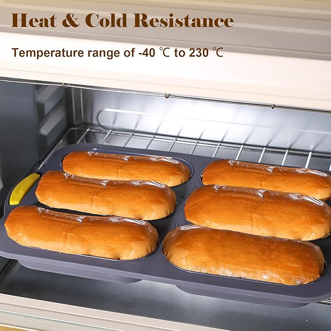 6-cavity Silicone Bread Loaf Pan, Nonstick Sourdough Loaf Pan & Heat Resistant Baguette Bread Pan, Bread Pans for Homemade Bread, Silicone Molds for Baking Hoagie Rolls, Hot Dog Bun