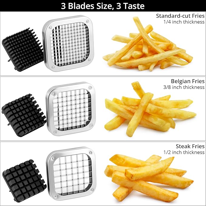 QWORK Stainless Steel French Fry Cutter with 1/2, 3/8 & 1/4 Blades – Compact Lever Slicer for Potatoes, Carrots & Yams