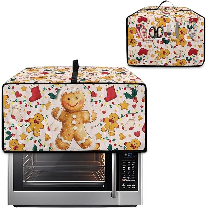 Countertop Convection Oven Cover Dust-Proof Toaster Oven Cover with Accessories Pockets, Countertop Convection Oven Protector, M, Gingerbread Man Christmas String Lights