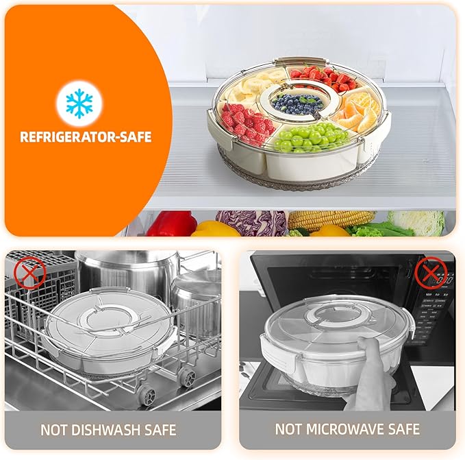 Divided Serving Tray with Lid and Handle, Stackable Snackle Box Container for Fruits Candy Organizer, Portable Spinning Rounded Veggie Tray for Kitchen, Party, Trave and Picnic-2 PACK
