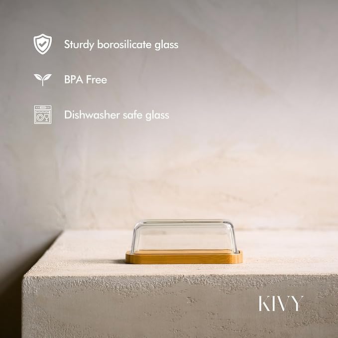 KIVY Butter Dish (Black Marble & Glass) - For countertop and refrigerator door shelf - Marble butter keeper - Stone butter dish with lid - Dishwasher Safe