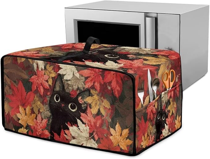 Air Fryer Toaster Oven Dust Cover Dust Protection Countertop Convection Oven Cover Stain-resistant Kitchen Appliance Protector, M, Black Cat Maple Leaf Fall Decor