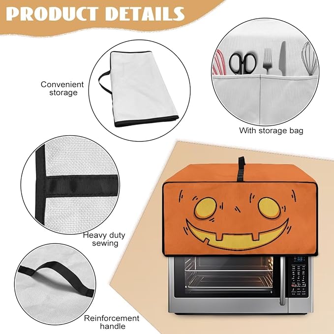 Air Fryer Toaster Oven Cover Fabric Convection Oven Cover with Pockets, Washable Small Appliance Dust Protection, S, Cartoon Pumpkin Face Pattern Halloween Decor