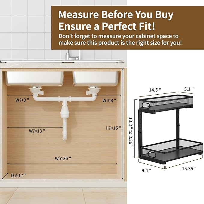Under Sink Organizer 1 Pack, 2-Tier Slide Out Cabinet Organizer with Metal Sliding Drawer and Hooks, Pull Out Storage Baskets for Kitchen Bathroom Pantry Cabinet Organization (Black (1 pack))