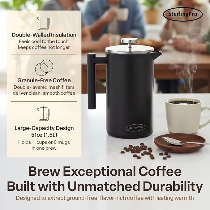 SterlingPro Stainless Steel French Press Coffee Maker 1.5 L (51 oz) Black – Double Walled Insulated Large Coffee Press, Durable Design Keeps Drinks Hot, Easy to Use and Clean for Rich Flavor Brewing