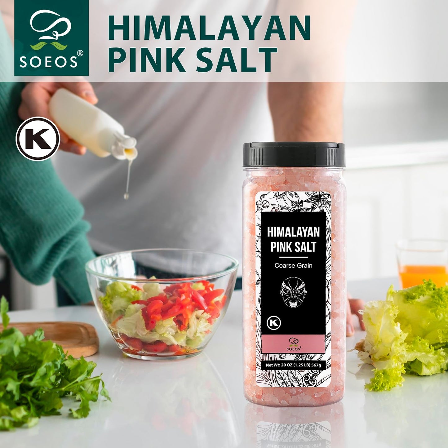 Soeos Himalayan Salt - Coarse Grain, 20 oz, Himalayan Pink Salt, Pure Rock Salt for Grinders and Salt Mills, Kosher & Natural Certified, Healthy