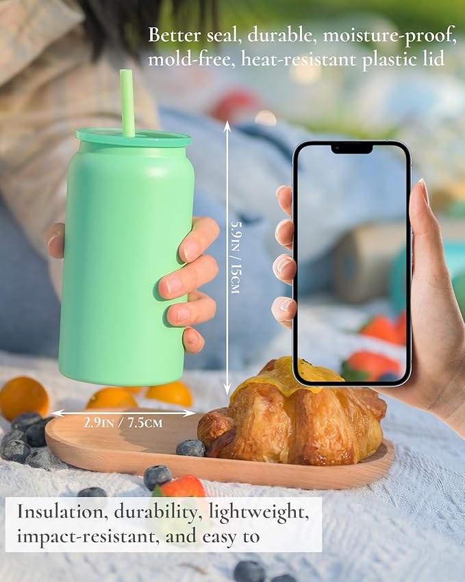 Glass Cups with Lids and Straws, 16oz Stainless Steel, Beer, Iced Coffee, Smoothie, Drinking Cups - Cyan (Textured Matte Finish, Not Sublimatable)