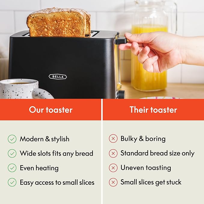 bella 2 Slice Toaster with Auto Shut Off - Extra Wide Slots & Removable Crumb Tray and Cancel, Defrost & Reheat Function - Toast Bread, Bagel & Waffle, Black